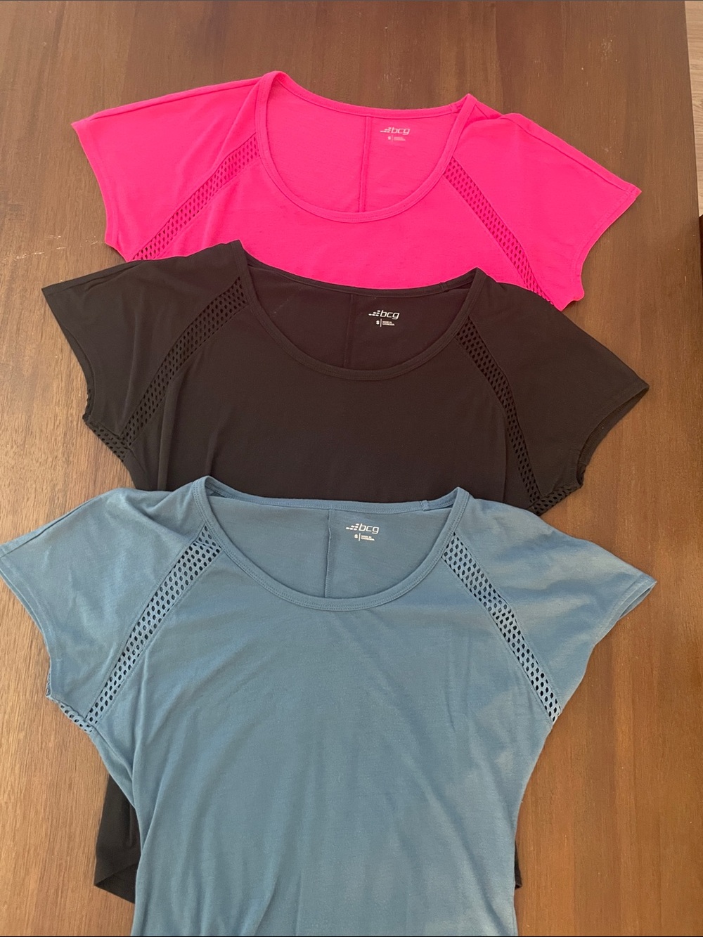 (3) Small BCG Cap Sleeve Mesh High Low Sport Oversized Tees: Pink Black Blue